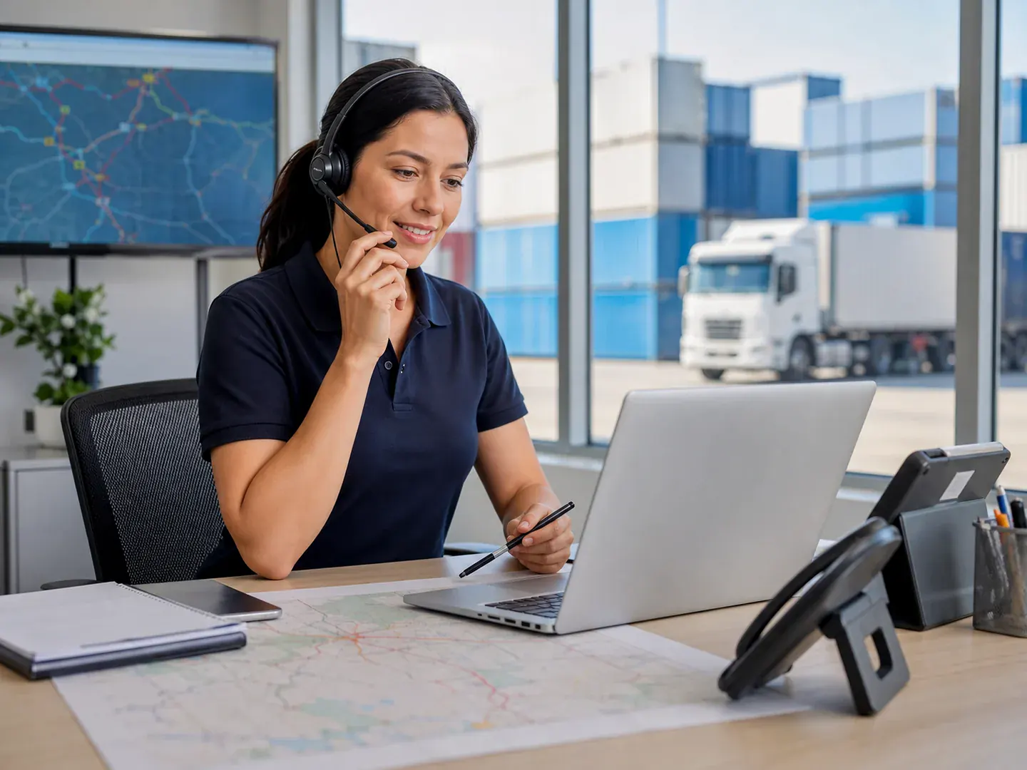 Ejecutivo logístico de Transelva coordinando servicios de contenedores